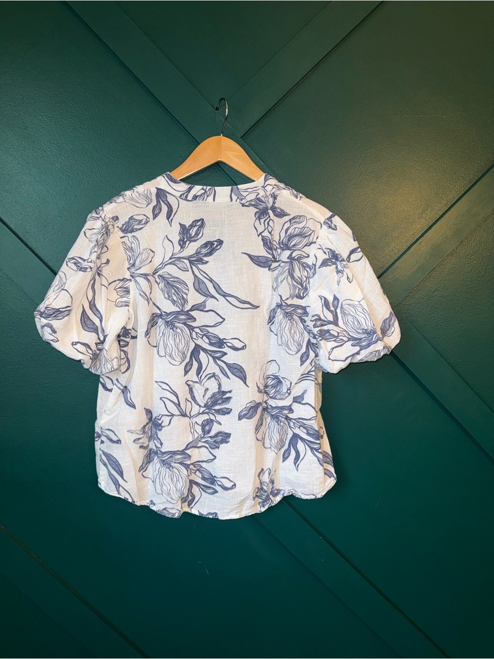 White Blue Floral 100% Cotten Puff Sleeve Blouse - Picture 3 of 7